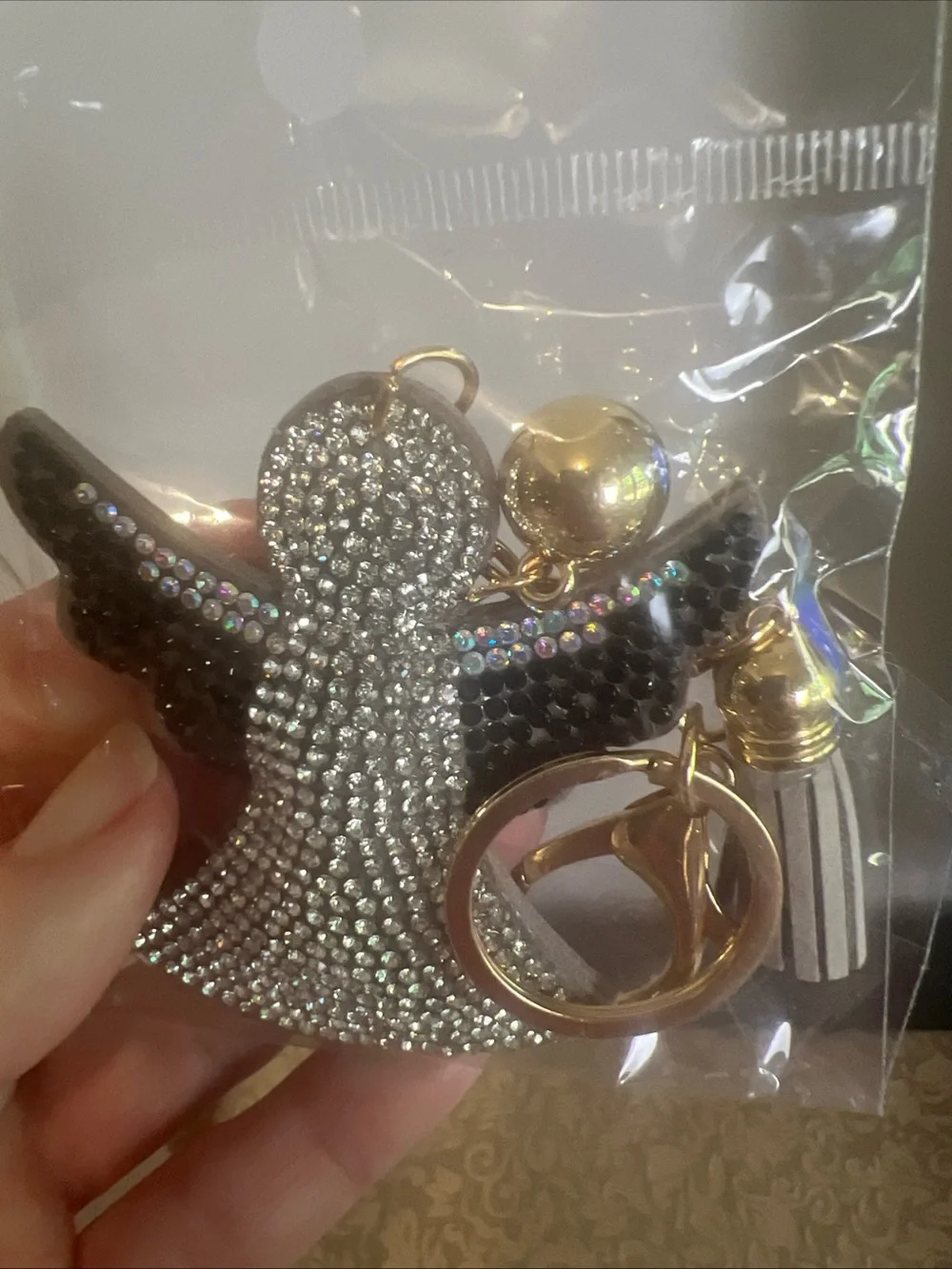 Angel Keychain Purse Charm Silver Black Rhinestones Religious Religion